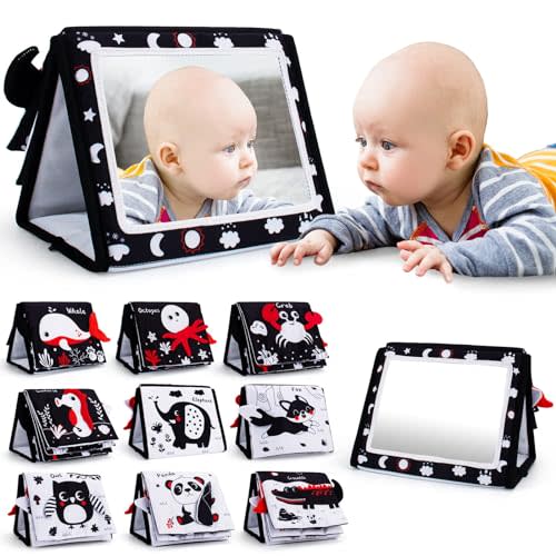 Oarifun Tummy Time Mirror, Baby Tummy Time Toys with Soft Book, Black and White High Contrast Baby Toys, 3D Activity Sensory Montessori Toys Crawling Mat