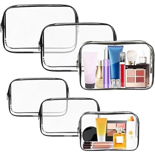 AURUZA 4 Pack Clear Toiletry Bag,Portable Travel Makeup Bags with Zipper, TSA Approved Clear Organizer Bags, PVC Cosmetic Pouch for Airport Airline Compliant (6 Packs Black)