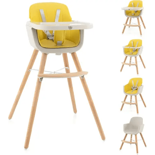 BABY JOY Convertible Baby High Chair, 3 in 1 Wooden Highchair/Booster/Chair with Removable Tray, Adjustable Legs, 5-Point Harness, PU Cushion and Footrest for Baby, Infants, Toddlers (Yellow)