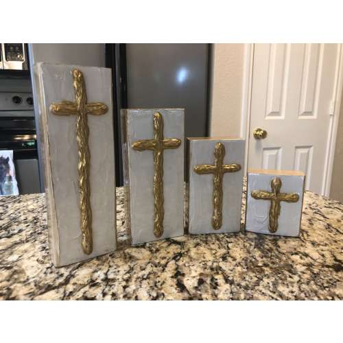 Gold Cross Hand Painted Textured Art Block by Two Girls Who Make Crosses