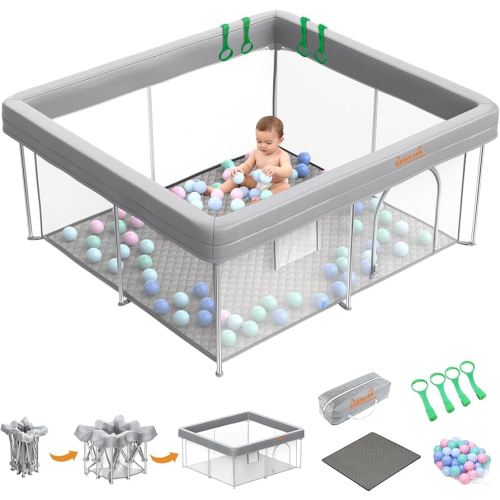 Foldable Baby Playpen, 50 x 50 Inch Portable Play Yard for Babies & Toddlers, Safety Play Fence with Mat, Balls, Pull Rings & Travel Bag for Indoor & Outdoor Use, Grey