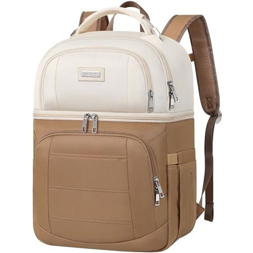 SINVICKO Dual Compartment Backpack Cooler, 12 x 6.6 x 17.3 inch, Apricot & Khaki, Polyester
