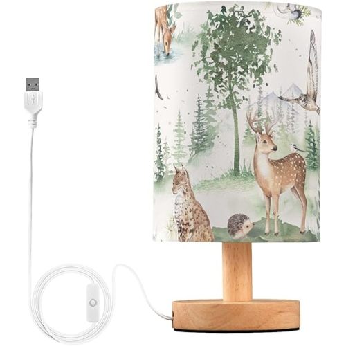 Bedside Table Lamp Woodland Animals Nightstand Lamp with Wood Forest Deer Owl Lynx Hedgehog Ermine Tree Desk Lamps for Bedroom Living Room Nursery Office Home Decor