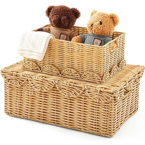 Sintuff 2 Pcs Scalloped Wicker Basket with Lid, Rattan Basket Built-in Handles, Waterproof Woven with Removable Tray Lid for Nursery, Shelf Closet, Bedroom Natural 15 x 10 x 6 Inch & 11 x 8 x 5 Inch