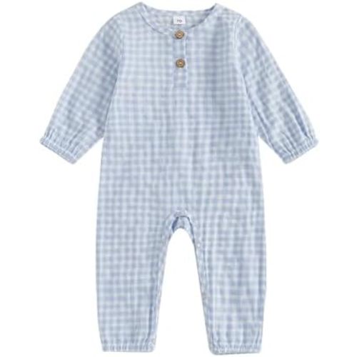 Baby Boy Girl Fall Winter Jumpsuit Long Sleeve Crewneck Plaid Button Front Romper Playsuit Infant One Piece Outfit