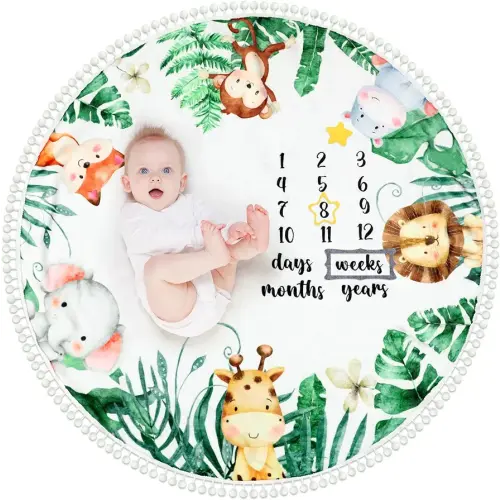 Peryiter Baby Monthly Milestone Blanket 43.3" x 43.3" Safari Jungle Animals Leaf Newborn Play Mat Flannel Round Baby Blankets with Growth Chart Pompom Ball for Boy Girl Nursery Decor Props Shower Gift