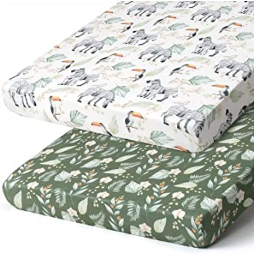 Pack n Play Sheets, BROLEX 2 Pack Mini Crib Sheets,Stretchy Portable Fitted Playard Sheet Set, Convertible Playard Mattress Cover,Ultra Soft Breathable Material,Zebra Forest