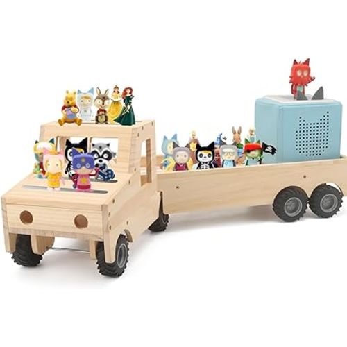 Storage & Play Car for Toniebox and Tonie Figures Storage Shelf (Wooden Trailer), Magnetic Shelves Compatible with Tonie Box Player Character for Children Room (Natural, Wooden Trailer)