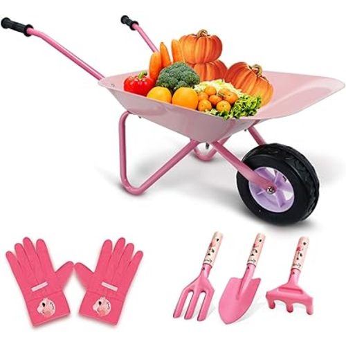 Kids Wheelbarrow Set Metal, Child Wheel Barrel Pink Easy to Assemble and Kids Gardening Tools Kit, Garden Toys with Small Wheel Barrow, Outdoor Indoor Toys Gift for Girls