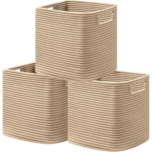 UBBCARE Set of 3 Cotton Rope Basket 11 X 10.5 X 10.5 Inches, Woven Storage Baskets for Shelves, Organizing with Handles, Cube Storage Bins for Storage Books, Magazines, Brown