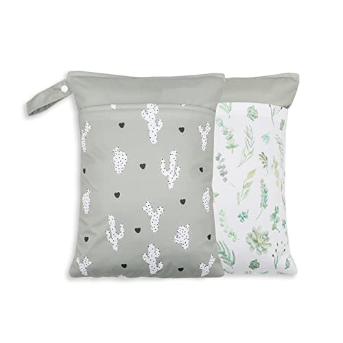 2 Pack Wet Dry Bags for Baby Cloth Diapers&Breast Pump Parts, Waterproof Reusable Wet Bag with Two Zippered Pockets & Handle, Beach Pool Gym Bag Stroller Yoga Toiletries Daycare Organizer for Swimsuit Wet Clothes, 11.8 inch x 15.7inch