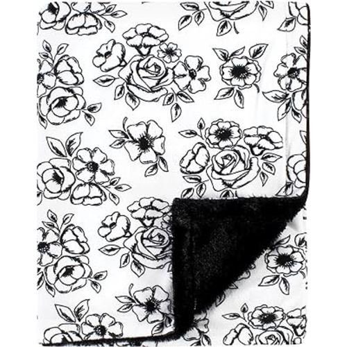 Hudson Baby Unisex Baby Plush Blanket with Furry Binding and Back, Black Toile, One Size