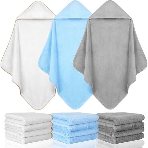 Moukeren 15 Pcs Baby Bath Towel and Washcloths Set Includes 3 Pcs Baby Hooded Towels and 12 Pcs Baby Washcloths Fleece Towels Absorbent coral fleece for Newborn Toddler Boy Girl Infant Essentials Gift
