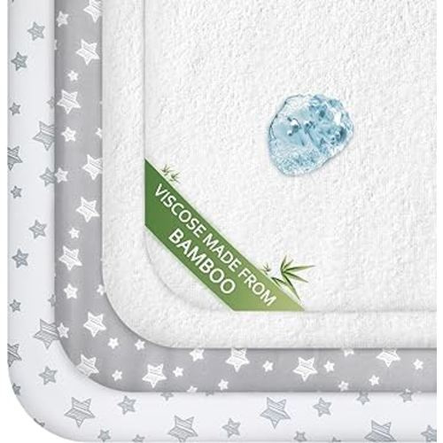 Pack and Play Sheets & Waterproof Terry Pack N Play Mattress Protector Pad Cover 4 Pack, Viscose Made from Bamboo Pack N Play Sheets Set, Grey & White