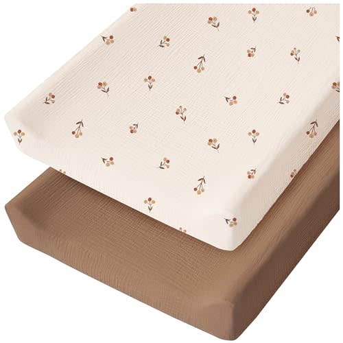 Konssy 2 Pack Muslin Changing Pad Cover for Baby Girls Boys 100% Cotton Fitted Diaper Changing Table Cover Set, Soft Changing Pad Sheets (Brown, Berry)