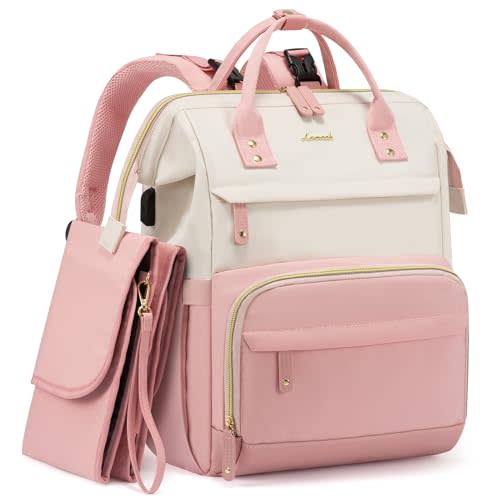LOVEVOOK Diaper Bag Backpack, Baby Bag with Changing Station, Large Diaper Backpack for Moms Dads, Waterproof Leather Accents Baby Boy and Girl Bag for Travel Baby Essentials, Pink-Beige