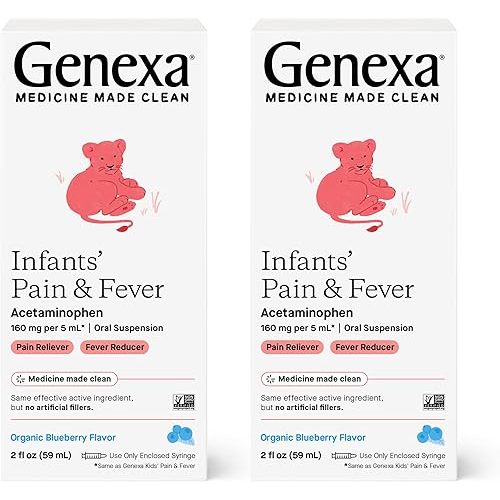 Genexa Infants’ Pain and Fever Reducer | Baby Acetaminophen, Dye Free, Liquid Oral Suspension Medicine for Infant | Delicious Organic Blueberry Flavor | 160 mg per 5mL | 4 Fluid Ounces (2 Pack)