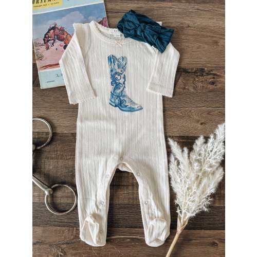 Blue Collar Boot Pointelle Flutter Sleeve Footed Romper (Baby) - Ivory