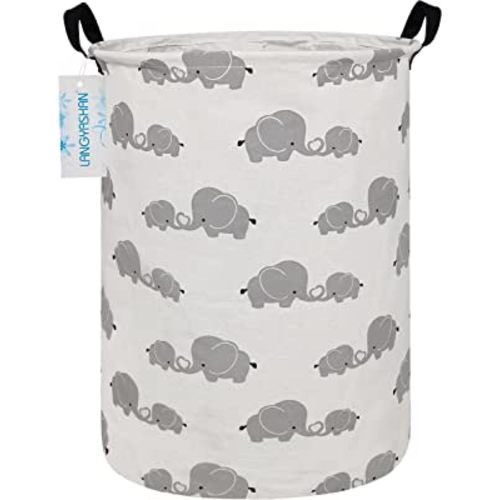 LANGYASHAN Storage Bin, Canvas Fabric Collapsible Organizer Basket for Laundry Hamper,Toy Bins,Gift Baskets, Bedroom, Clothes,Baby Nursery (Full Love Elephant)