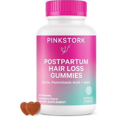 Pink Stork Postpartum Hair Loss Gummies - Biotin with Vitamin E, Pantothenic Acid, B6 & B12 for Beautiful & Strong Hair, Skin, and Nails - Postpartum Essentials for New Moms - 60 Gummy Vitamins