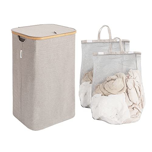 StorageWorks Large Laundry Hamper with Lid, 100L Tall Laundry Basket with Bamboo Handles and 2 Removable Inner Bag, Collapsible Laundry Hamper for Clothing, Toys, Towels, Brown and Beige, 1-Pack