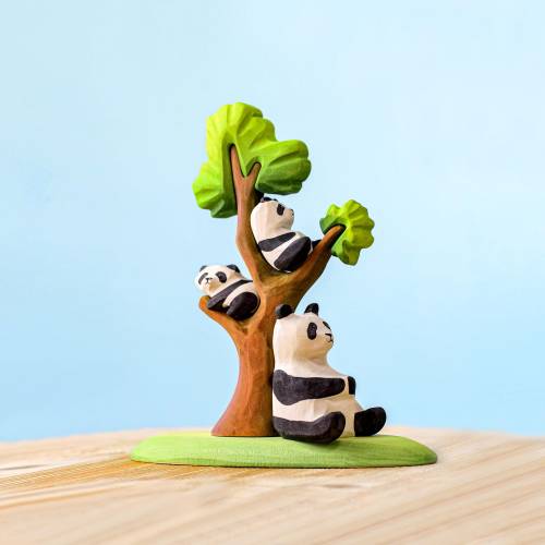 Adorable Wooden Panda Bears Family with Tree | Waldorf & Montessori Inspired Eco-Friendly Animal Toys | Handcrafted Organic Wood