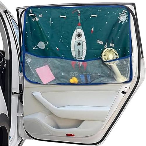 Car Window Shade for Baby, 19.5"×26.8" Cartoon Pattern Auto Window Curtain Blocks Sun & Heat, Vehicle Side Window Sun Shield with Pocket & Suction Cups, Car Accessories (Rocket)