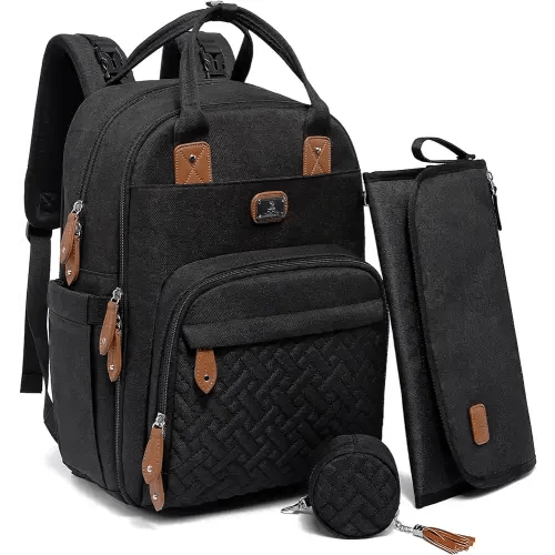 Dikaslon Diaper Bag Backpack with Portable Changing Pad, Pacifier Case and Stroller Straps, Large Unisex Baby Bags for Boys Girls, Multipurpose Travel Back Pack Moms Dads, Black