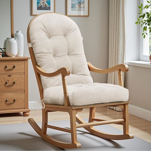 Rocking Chair Cushion - Soft Chenille Fabric Seat Pad with Tufted Design, Non-Slip Bottom and Secure Ties, for Nursery Glider, Adirondack and Indoor Rocker Chair, 44x19x4 Inch, Oyster White
