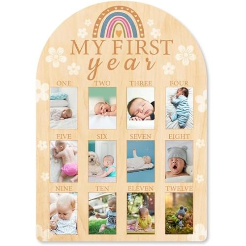 ORIGACH My First Year Baby Growth Photo Display Wood Board - 12 Months Newborn Milestones Picture Frame - Neutral Baby 1st Birthday Decorations for Boy Girl Nursery Decor - Rainbow and Flower Pattern