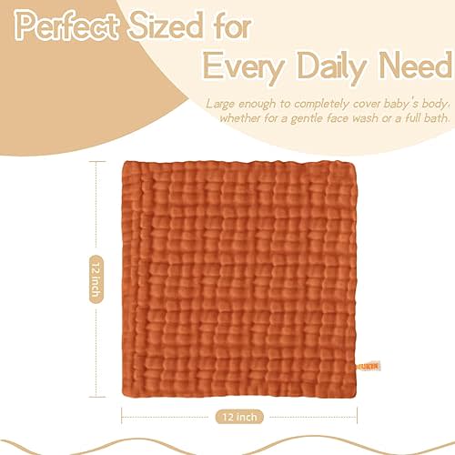 MUKIN Baby Washcloths, Soft Muslin Cotton Face Cloths, Newborn Absorbent Bath Wipes, Burp Cloths or Towels, Pack of 6, 12x12 inches (White,Cream Yellow,Brick Orange)
