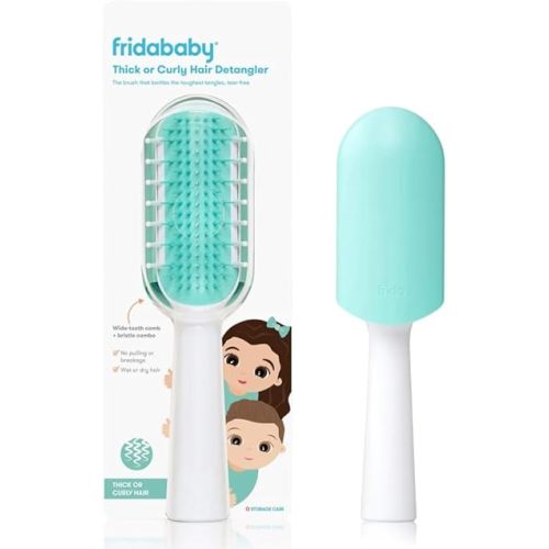 Frida Baby Thick or Curly Hair Detangler Brush for Kids, Toddler Hairbrush Detangles Knots Without Tears or Breakage, Comb Teeth and Bristle Design, White/Blue ,1 Count