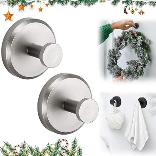 2-Piece Suction Cup Hooks, Towel Hook -SUS 304 Stainless Steel Suction Towel Hooks, No Drill Towel Hooks for Bathroom Wall,Kitchen,Glass,Tile to Hang Towels,Robes,Loofah - Brushed Nickel