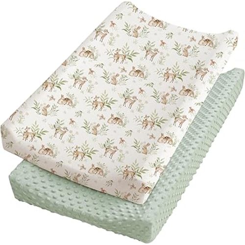 Konssy 2 Pack Minky Changing Pad Cover，Soft Minky Dots Plush Diaper Changing Table Cover Set, Breathable Changing Pad Sheets for Baby Girls Boys (Woodland,Sage)