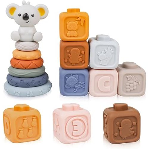 13Pcs Stacking Nesting Toy Set 2-in-1 Baby Blocks with Koala Teething Squeeze Stacker, 6 Cube Blocks, 6 Circle Rings - Ideal Gift for Infants 6 Months
