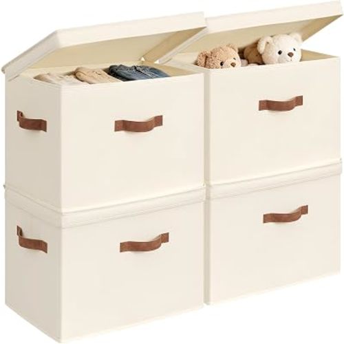 CHICVITA 4-Pack Closet Storage Bins with Lids, Fabric Storage Baskets for Shelves, Decorative Storage Boxes with Handles for Clothes Toy, Ivory
