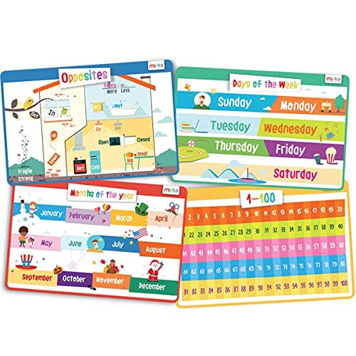 merka Kids Placemat, 4 Pack Toddler Educational Placemats 17x11 in, for Dining Table Features Days of The Week, Numbers 1-100, Months, Opposites, Silicone Reusable Wipeable Mats