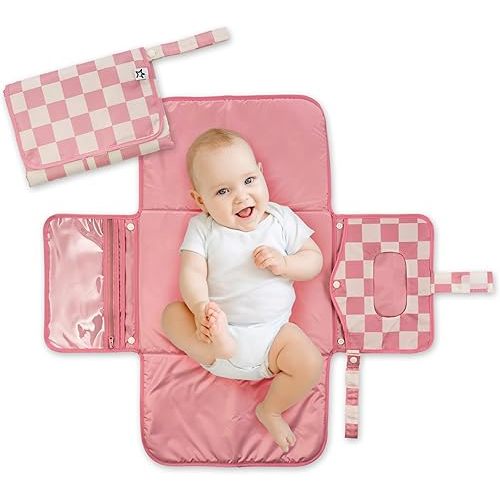 Tiny Twinkle Portable Diaper Changing Pad - Foldable Waterproof Diaper Changing Mat for Travel, Baby Changing Station with Smart Wipes Pocket & Storage (Pink Checkers)