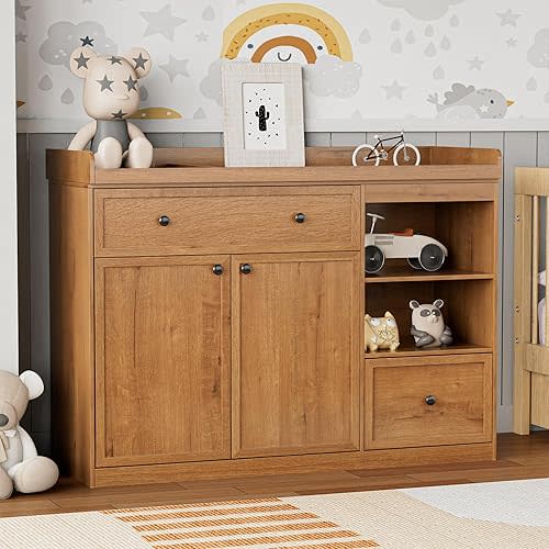Wide Baby Changing Table Dresser with 2 Doors, 2 Different Size Drawer&Storage Cubbies, Durable Wood Construction, Built-in Shelves of Ample Storage for Nursery (Natural Wood)
