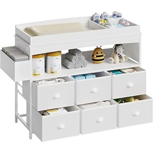 Baby Changing Table with Storage, Changing Table Dresser, Diaper Changer Crib Sleeper Fabric Drawers, Storage Dividers, Diapers Bags for Nursery Modern (6 Drawers/White)