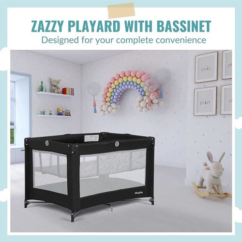 Zazzy Portable Playard with Bassinet in Black, Lightweight Packable and Easy Setup Baby Playard with Mattress and Travel Bag