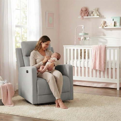 Pemberly Row Fabric Glider Power Recliner Nursery Rocking Swivel Chair in Gray