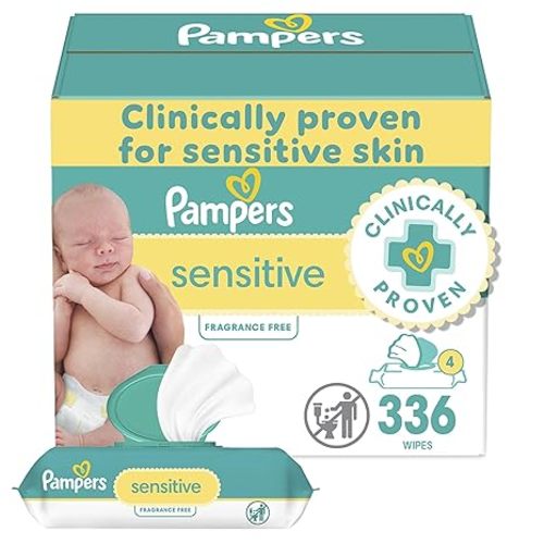Pampers Baby Wipes Sensitive, Water Based Baby Wipes, Hypoallergenic and Unscented Baby Wipes, 336 Wipes Total (4 Flip-Top Packs)