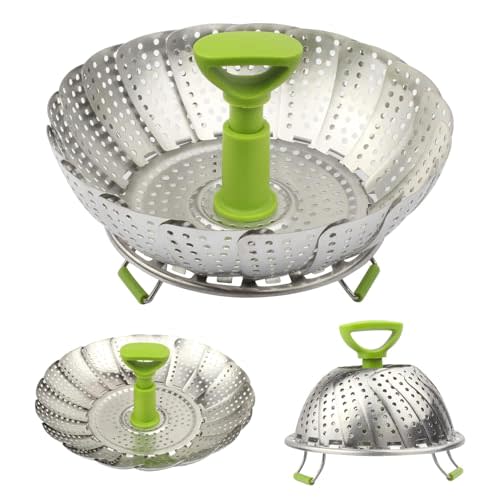 Sihuuu Folding Stainless Steel Steamer Basket (5.5-9 Inches) with Heat Resistant Handle - Ideal for Cooking Seafood, Vegetables, Fruits - Expandable and Easy to Clean - Dishwasher Safe (9 Inch)
