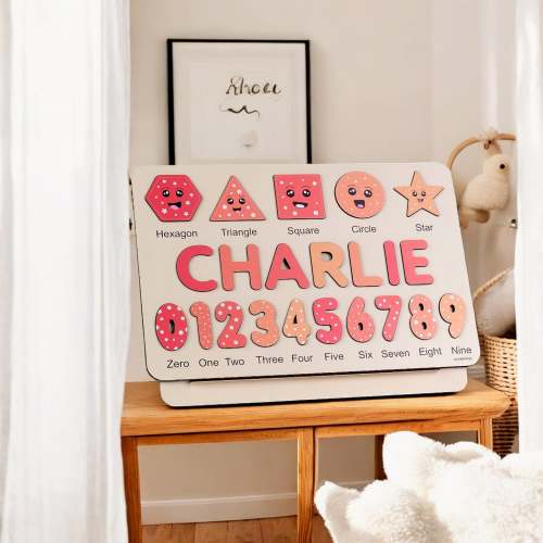 Pink Number Puzzles - Personalized Wooden Name Puzzle & Shapes