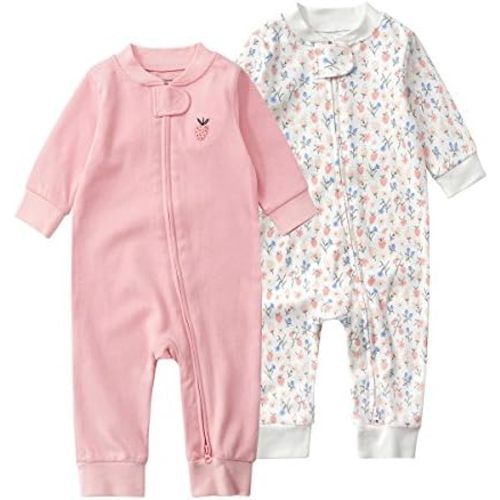 Teach Leanbh Baby 2-Pack 100% Cotton Romper Jumpsuits Two Way Zipper Long Sleeve Footless Sleep and Play