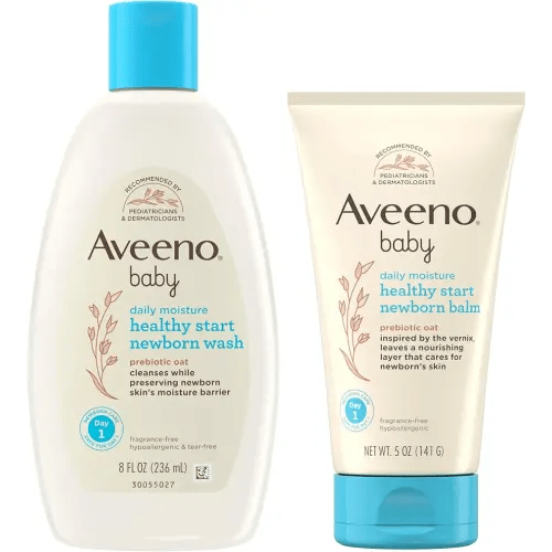 Bundle of Aveeno Baby Healthy Start Newborn Wash, Hypoallergenic Baby Body Wash with Prebiotic Oat, Fragrance-Free, 8 fl. oz + Newborn Balm, Baby Skin Balm with Prebiotic Oat , Fragrance-Free, 5 oz