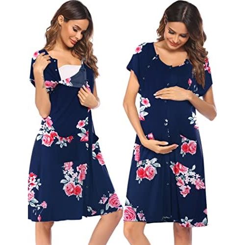 Ekouaer 3 in 1 Labor/Delivery/Hospital Gown Nursing Dress Maternity Nightgown Sleepwear for Breastfeeding with Button S-XXL