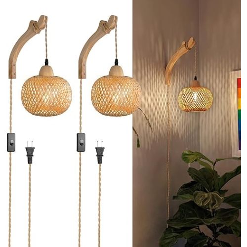 Frideko Bamboo Wall Sconces Set of Two Plug in, Boho Wall Lamp with Plug in Cord, Farmhouse Light Fixtures with 9.84FT On/Off Switch Cord, Rattan Sconces Lighting for Bedroom Living Room