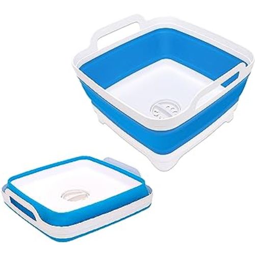 2.4 Gal(9L) Collapsible Dish Basin with Drain Plug, Space Saving Outdoor Multiuse Foldable Sink Tub, Dishpan, Kitchen Storage Tray for Camping, Vegetable Washing, RV (Sky Blue)